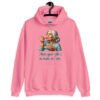 Azalea pink hoodie sweatshirt with an image of grey haired older woman enjoying a bite of a piece of cake with the words 'I hope your cake is as moist as I am' printed on the front.