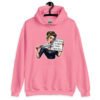 Azalea pink hoodie sweatshirt that has a graphic of an angry looking retro woman holding a knife and a sign. The sign says 'Tell me to calm down. I dare you.' The graphic is printed on the front of the hoodie.