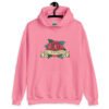 Azalea pink hoodie sweatshirt with funny image of an old school rose flash tattoo with the words 'No ragrets' intentionally misspelled.