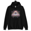 Black hoodie sweatshirt with colorful boho floral design and the test 'Bad vibes only' printed on the front.