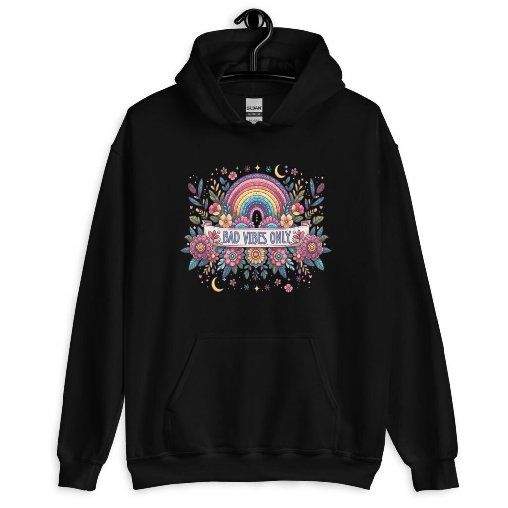 Black hoodie sweatshirt with colorful boho floral design and the test 'Bad vibes only' printed on the front.