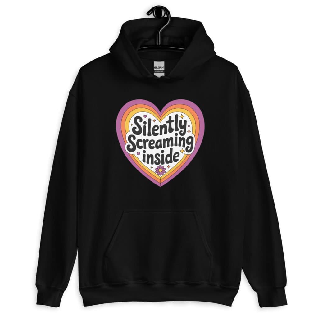 Black hoodie sweatshirt with a colorful graphic that says 'Silently screaming inside'. The graphics are printed on the front.