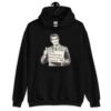 Black hoodie sweatshirt with graphic of a retro man holding sign that says 'Ladies, mansplaining is short for man explaining' printed on the front.