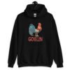 Black hoodie with an image of a rooster and the word 'Goblin' printed under the rooster. The graphics are printed on the front of the hoodie.