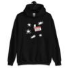 Black hoodie sweatshirt with Eileen name tag and white splatters printed on the front.