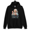 Black hoodie sweatshirt with an image of grey haired older woman enjoying a bite of a piece of cake with the words 'I hope your cake is as moist as I am' printed on the front.