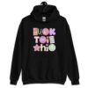 Black hoodie sweatshirt with colorful pastel font 'Fuck this shit' graphics printed on the front.