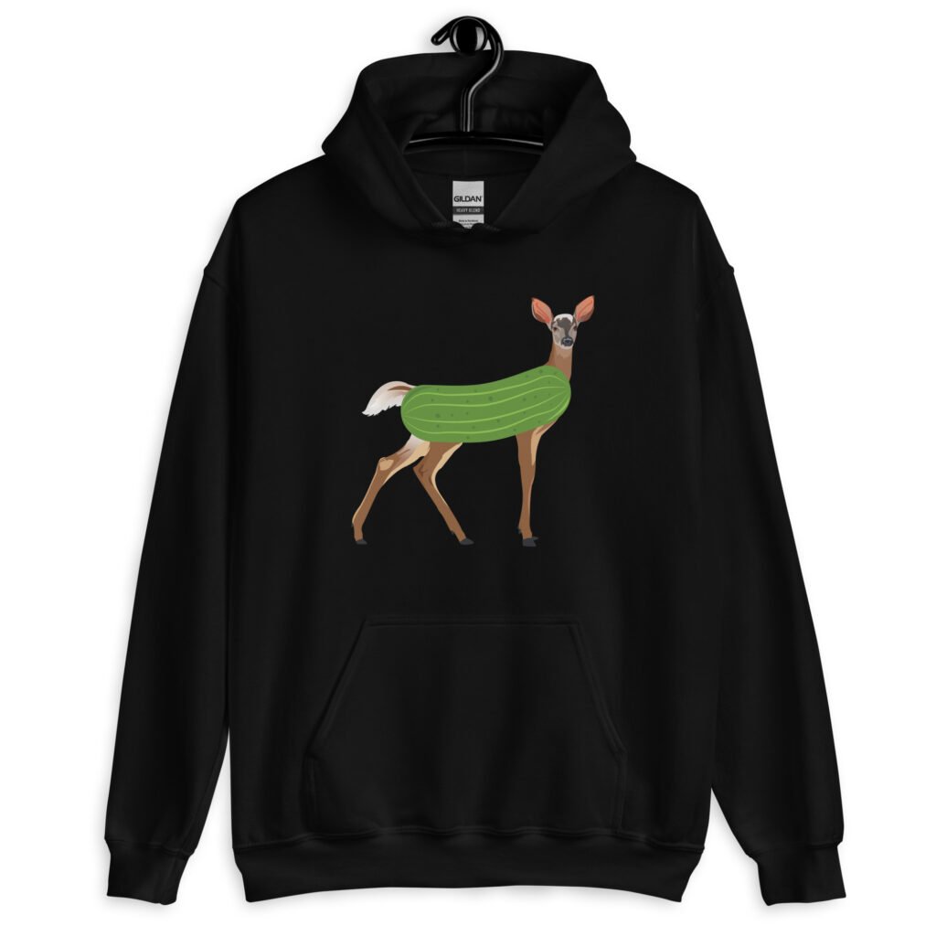 Black hoodie sweatshirt with funny image of a doe deer with a dill pickle body printed on the front.