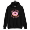 Black hoodie sweatshirt with an image of a donut with pink icing and sprinkles and the text 'Eat more hole foods' printed on the front.