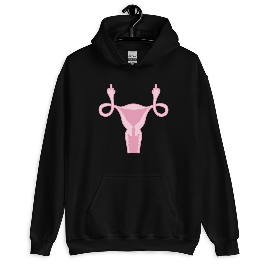 Black hoodie sweatshirt with image of a pink uterus flipping middle finger graphic printed on the front.