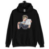 Black hoodie sweatshirt that has a graphic of an angry looking retro woman holding a knife and a sign. The sign says 'Tell me to calm down. I dare you.' The graphic is printed on the front of the hoodie.