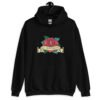 Black hoodie sweatshirt with funny image of an old school rose flash tattoo with the words 'No ragrets' intentionally misspelled.