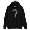 Black hoodie sweatshirt with the text 'Question everything' printed on the front. The words are in the shape of a question mark.