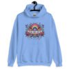 Carolina blue hoodie sweatshirt with colorful boho floral design and the test 'Bad vibes only' printed on the front.
