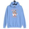 Carolina blue hoodie sweatshirt that says 'I think about murder' with image of cute fluffy kitten sitting in a teacup printed on the front.