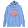 Carolina blue hoodie sweatshirt with an image of a donut with pink icing and sprinkles and the text 'Eat more hole foods' printed on the front.