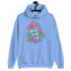 Carolina blue hoodie sweatshirt with graphic design that has the words 'Good vibes only' layered over a pink wand vibrator with flowers around. The graphic design is printed on the front of the hoodie.