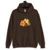 Dark chocolate brown hoodie sweatshirt with an image of tater tots and two pears printed on the front.