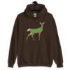 Dark chocolate brown hoodie sweatshirt with funny image of a doe deer with a dill pickle body printed on the front.
