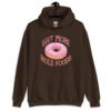 Dark chocolate brown hoodie sweatshirt with an image of a donut with pink icing and sprinkles and the text 'Eat more hole foods' printed on the front.