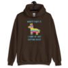 Dark chocolate brown hoodie sweatshirt with an image of a colorful donkey pinata with the words 'Worst part is I kind of like getting beat' printed on the front.