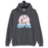 Dark heather grey hoodie sweatshirt with funny pastel rainbow unicorn graphics and the words Alpha Male printed on the front.