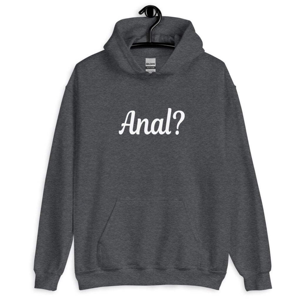 Dark heather grey hoodie sweatshirt that has the text 'Anal?' printed on the front.