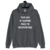Dark heather grey hoodie sweatshirt with the text 'Your lack of swearing makes me uncomfortable' printed on the front.
