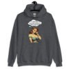 Dark heather grey hoodie sweatshirt with an image of a busty pin-up lady with thought bubble that says 'I wish I had serotonin instead of these huge tits' printed on the front.