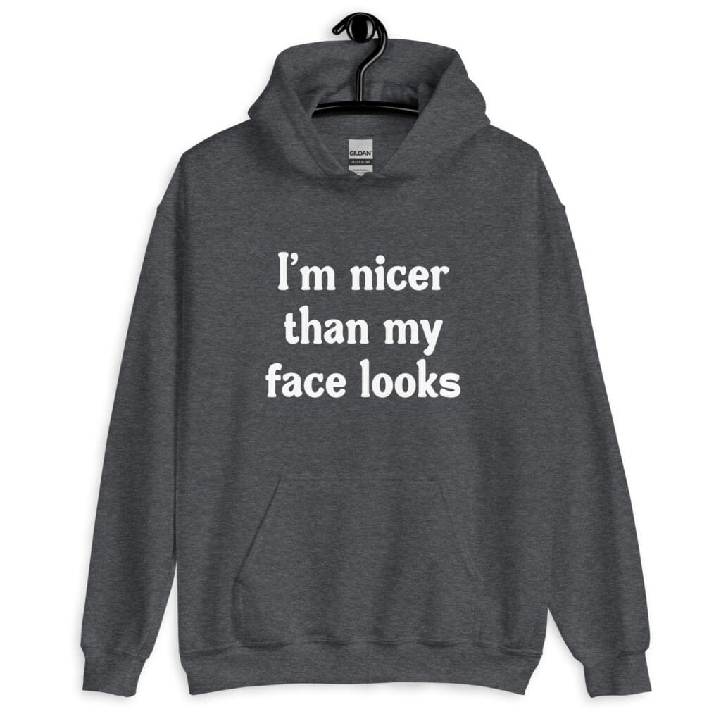 Dark heather grey hoodie sweatshirt with the text 'I'm nicer than my face looks' printed on the front.
