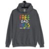 Dark heather grey hoodie sweatshirt with the text 'Free Dad hugs' printed on the front in rainbow letters.