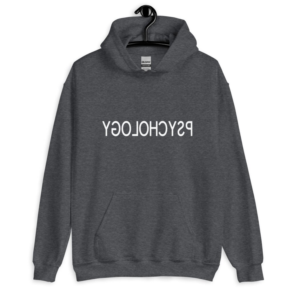 Dark heather grey hoodie sweatshirt with the word Psychology printed in reverse on the front.