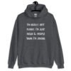Dark heather grey hoodie sweatshirt with the text 'I'm really not funny. I'm just mean & people think I'm joking' printed on the front.