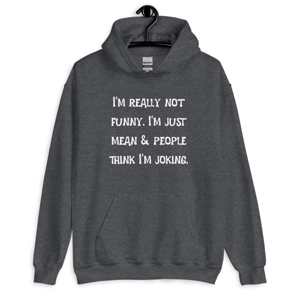 Dark heather grey hoodie sweatshirt with the text 'I'm really not funny. I'm just mean & people think I'm joking' printed on the front.