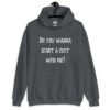 Dark heather grey hoodie sweatshirt with the text 'Do you wanna start a cult with me' printed on the front.