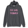 Dark heather grey hoodie sweatshirt with the text 'Eve was framed' printed on the front in pink.
