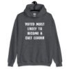 Dark heather grey hoodie sweatshirt with the text 'Voted most likely to become a cult leader' printed on the front.