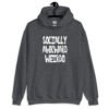 Dark heather grey hoodie sweatshirt with the text 'Socially awkward weirdo' printed on the front.