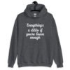 Dark heather grey hoodie sweatshirt with the text 'Everything's a dildo if you're brave enough' printed on the front.