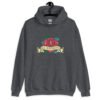 Dark heather grey hoodie sweatshirt with funny image of an old school rose flash tattoo with the words 'No ragrets' intentionally misspelled.