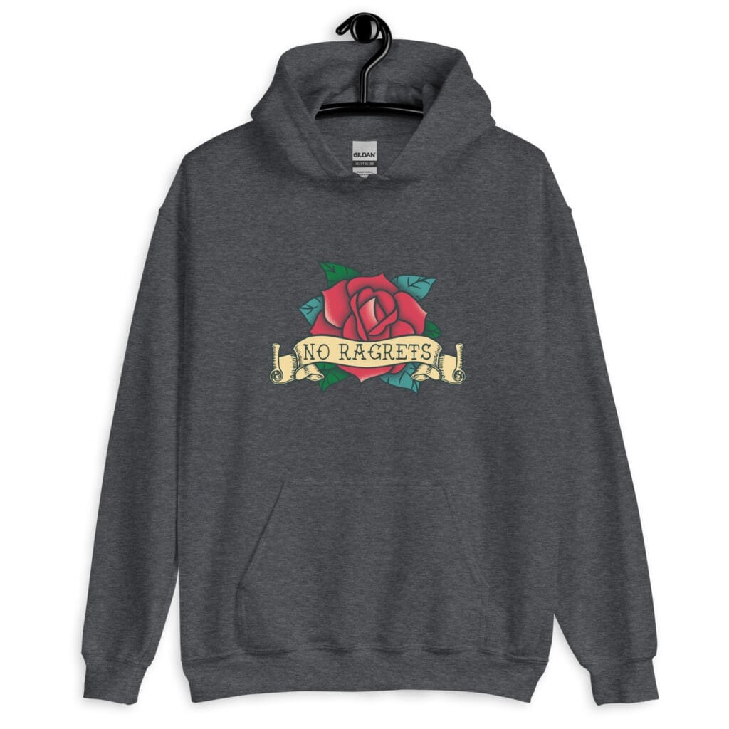 Dark heather grey hoodie sweatshirt with funny image of an old school rose flash tattoo with the words 'No ragrets' intentionally misspelled.
