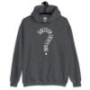 Dark heather grey hoodie sweatshirt with the text 'Question everything' printed on the front. The words are in the shape of a question mark.