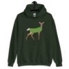 Forest green hoodie sweatshirt with funny image of a doe deer with a dill pickle body printed on the front.