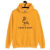 Gold yellow hoodie sweatshirt with an image of a pigeon and the words 'That's coo.' printed on the front.