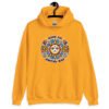 Golden yellow hoodie sweatshirt with a sun graphic and the text 'Have an awful day' printed on the front.