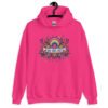 Heliconia pink hoodie sweatshirt with colorful boho floral design and the test 'Bad vibes only' printed on the front.