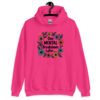 Heliconia pink hoodie sweatshirt with a multi color floral wreath design printed on the front. The words 'One mental breakdown later...' are printed in the center of the wreath.
