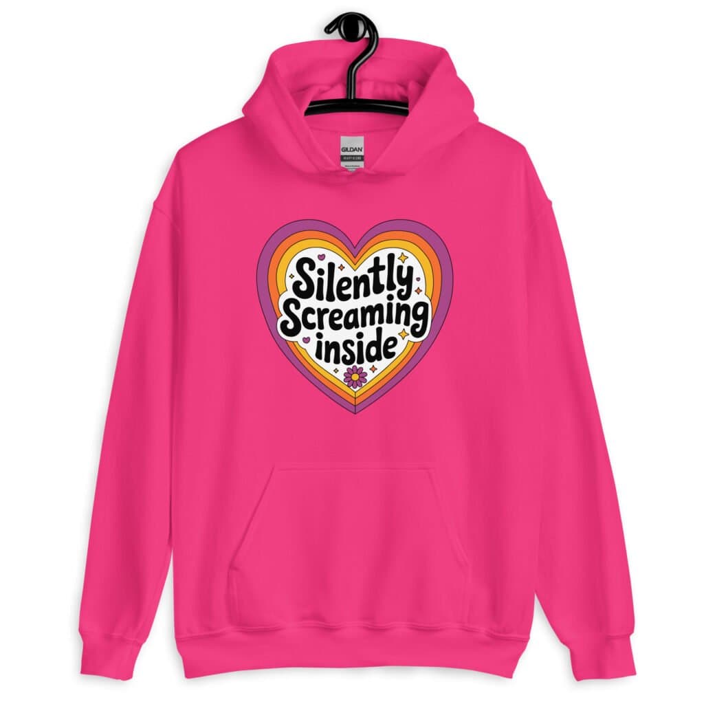 Heliconia pink hoodie sweatshirt with a colorful graphic that says 'Silently screaming inside'. The graphics are printed on the front.