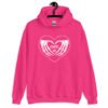 Heliconia pink hoodie sweatshirt with a heart and skeleton hands making a heart shape printed on the front. The words 'Cancel Me' are inside of the heart.