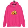 Heliconia pink hoodie sweatshirt with an image of tater tots and two pears printed on the front.
